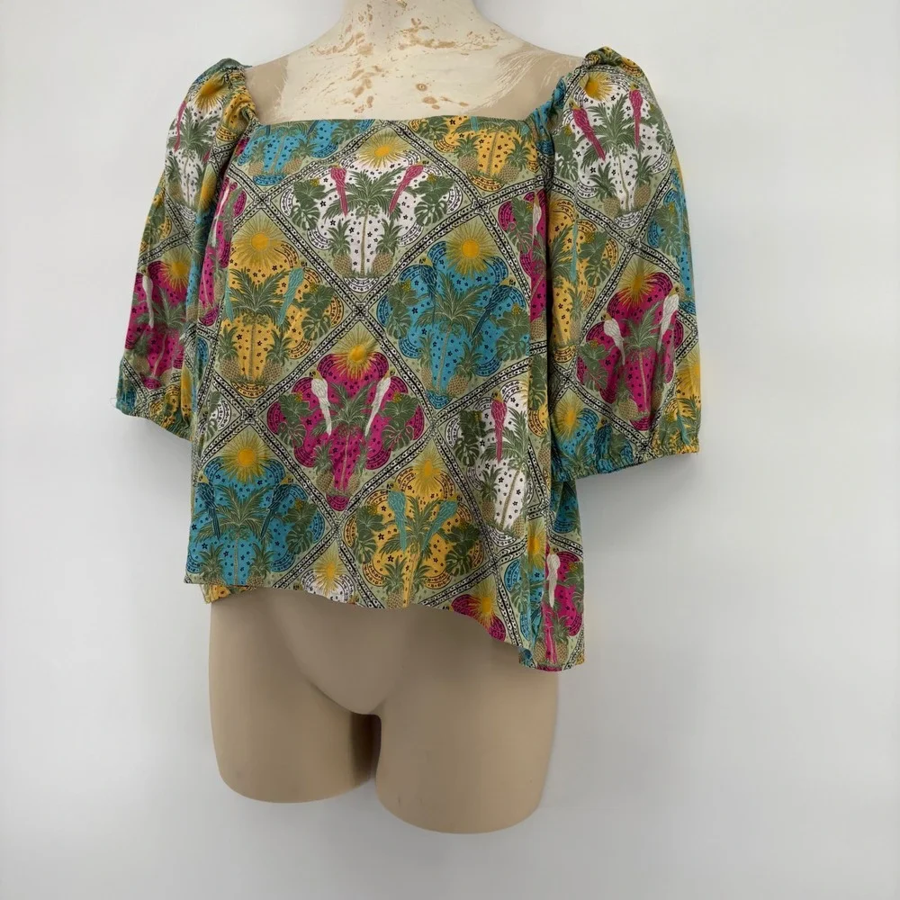 Loft Women's L Top Parrot Pineapple Print‎ Square Neck Sleeve Peasant Blouse